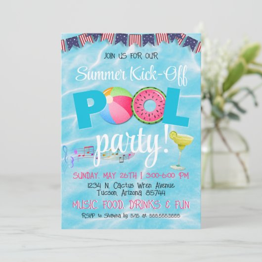 Modern 4. Juli Patriotic Pool Party Einladung (Stehend Vorderseite)