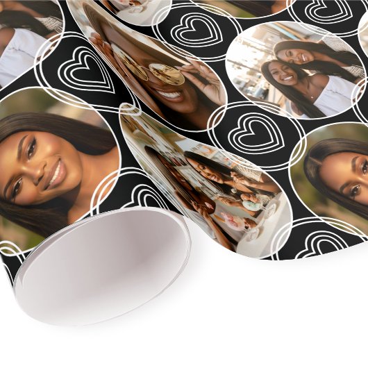 Modern 4 Photo Collage Circle Heart Pattern Black Geschenkpapier
