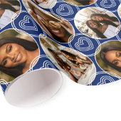 Modern 4 Photo Collage Circle Heart Pattern Navy Geschenkpapier