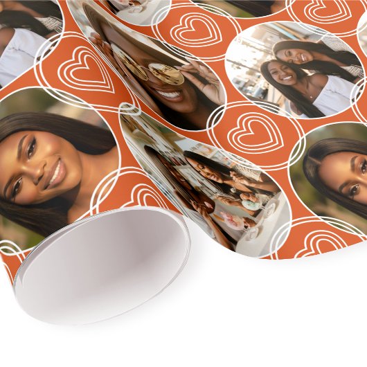 Modern 4 Photo Collage Circle Heart Pattern Orange Geschenkpapier