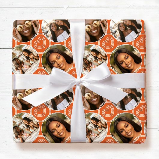 Modern 4 Photo Collage Circle Heart Pattern Orange Geschenkpapier