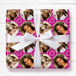 Modern 4 Photo Collage Circle Heart Pattern Pink Geschenkpapier