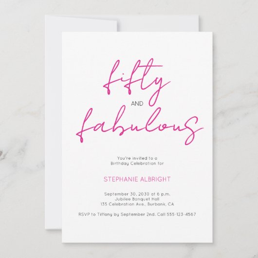Modern 50 and Fabulous Pink 50th Birthday Party In Einladung (Vorderseite)