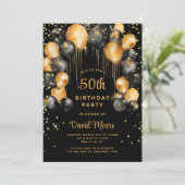 Modern 50. Geburtstagsparty Black Gold Einladung (Stehend Vorderseite)