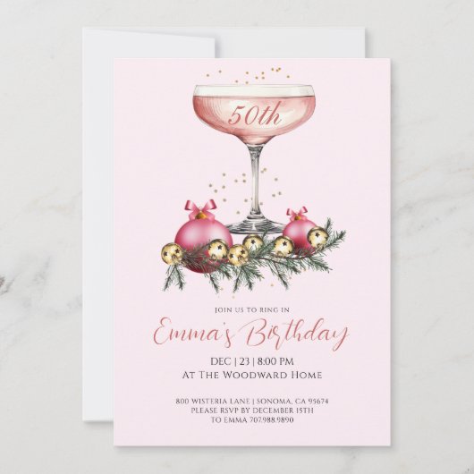 Modern 50th Christmas Birthday Party Blush Pink Einladung (Vorderseite)