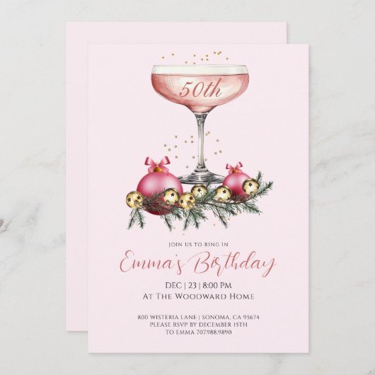 Modern 50th Christmas Birthday Party Blush Pink Einladung (Vorne/Hinten)