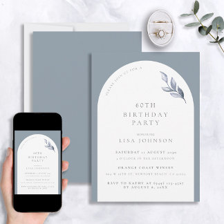 Modern 60. Geburtstag Dusty Blue Arch Botanisch Einladung