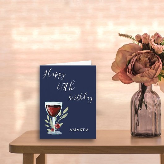 Modern 60. Happy Birthday Red Wine Navy Blue Card Einladung