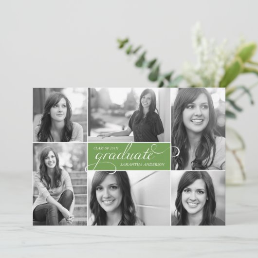 Modern 6 Foto Script Abschluss Einladung Grün (Stehend Vorderseite)