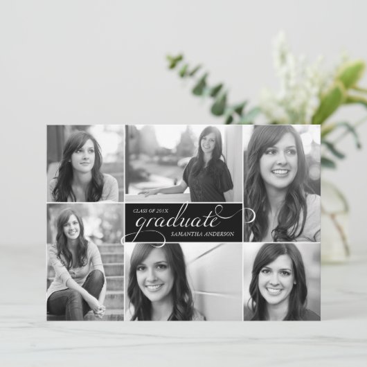 Modern 6 Foto Script Abschluss Einladung - Schwarz (Stehend Vorderseite)