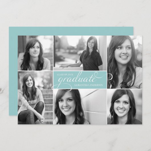 Modern 6 Foto Script Abschluss Invite - Mint Einladung (Vorne/Hinten)