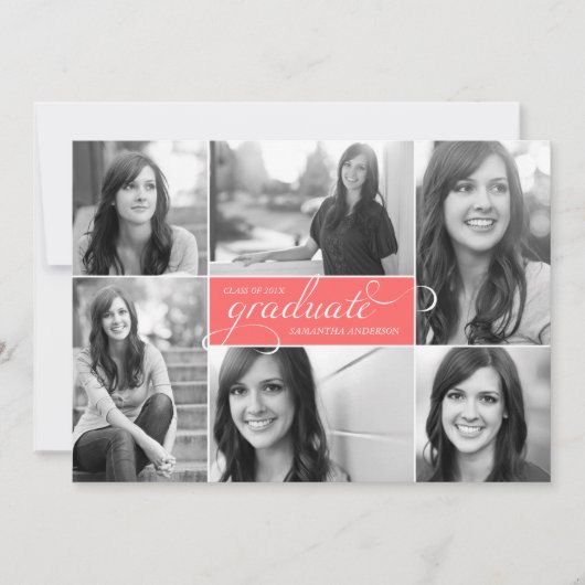 Modern 6 Foto Script Abschluss Invite - Neon Pink Einladung (Vorderseite)