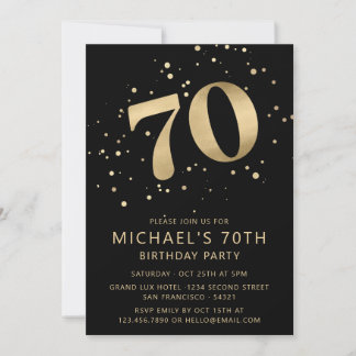 Modern 70th Seventy Birthday Black and Gold Einladung