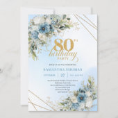Modern 80th Birthday Invite Boho Dusty Blue Floral Einladung (Vorderseite)