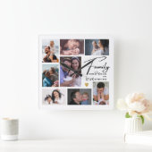 Modern 8 Photo Collage Family Quote Black & White Quadratische Wanduhr (Zuhause)