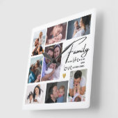 Modern 8 Photo Collage Family Quote Black & White Quadratische Wanduhr (Winkel)