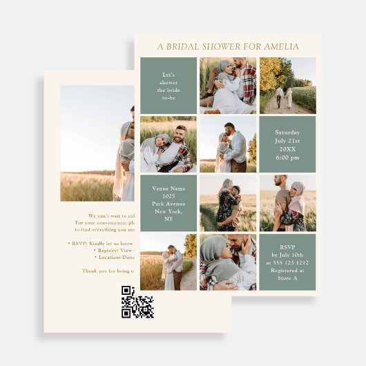 Modern 9 Photo Collage Sage Green Bridal Shower Einladung