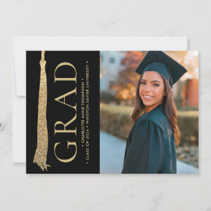 Modern Abschluss Foto Gold Black Grad Tassel Einladung