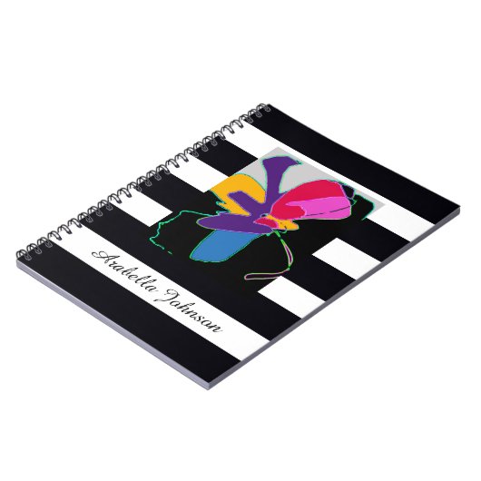 Modern Abstract Art + Custom Name Chic B&W Stripe Notizblock (Linke Seite)