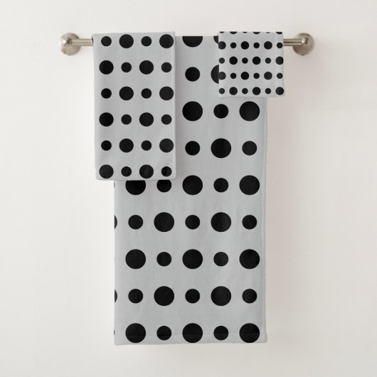 Modern Abstract Black Polka Dots on Silver Gray Badhandtuch Set (Insitu)