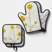 Modern Abstract Botanical Yellow Billy Button Ofenhandschuh & Topflappen-Set (Vorderseite/Rückseite)