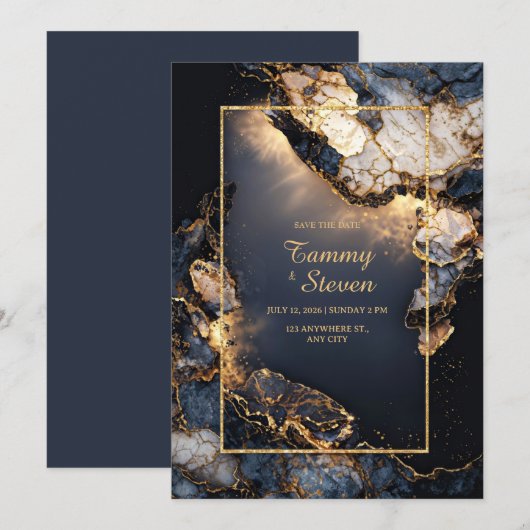 Modern Abstract Dark Navy Gilded Geode Wedding Einladung (Vorne/Hinten)