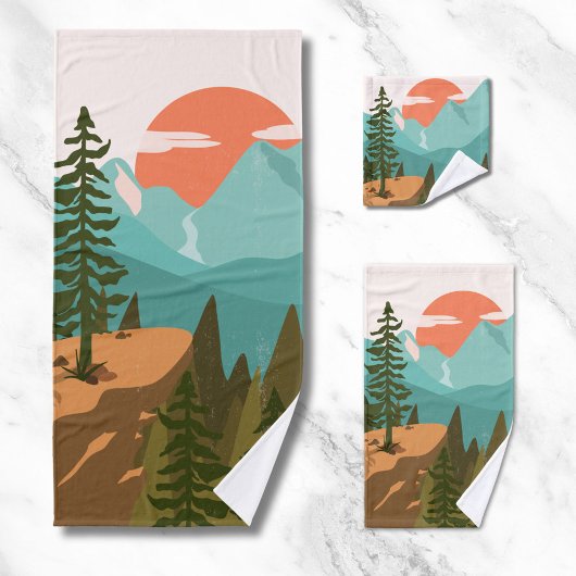 Modern Abstract Forest, Mountains, and Sunrise Badhandtuch Set