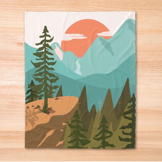 Modern Abstract Forest, Mountains, and Sunrise Fleecedecke