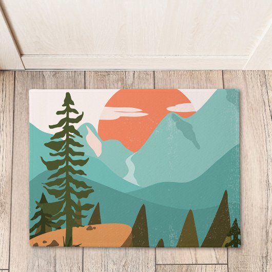 Modern Abstract Forest, Mountains, and Sunrise Fußmatte