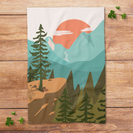 Modern Abstract Forest, Mountains, and Sunrise Geschirrtuch