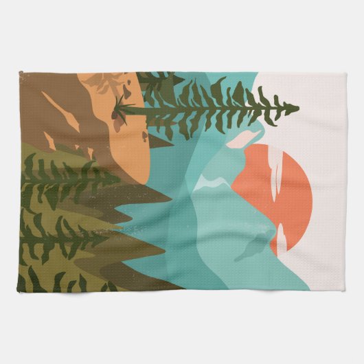 Modern Abstract Forest, Mountains, and Sunrise Geschirrtuch (Horizontal)