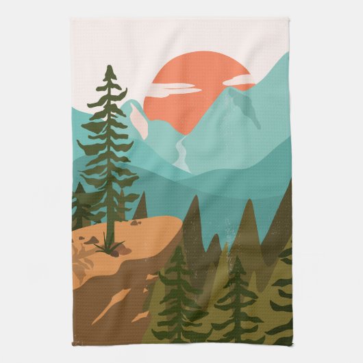 Modern Abstract Forest, Mountains, and Sunrise Geschirrtuch (Vertikal)
