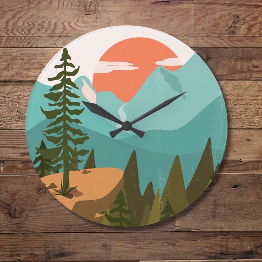 Modern Abstract Forest, Mountains, and Sunrise Große Wanduhr