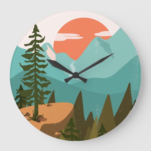 Modern Abstract Forest, Mountains, and Sunrise Große Wanduhr (Vorderseite)