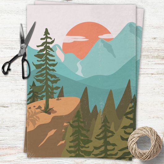 Modern Abstract Forest, Mountains, and Sunrise Seidenpapier