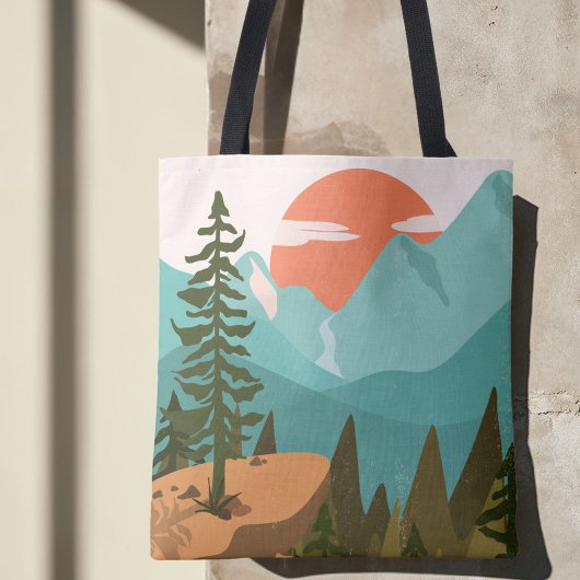 Modern Abstract Forest, Mountains, and Sunrise Tasche