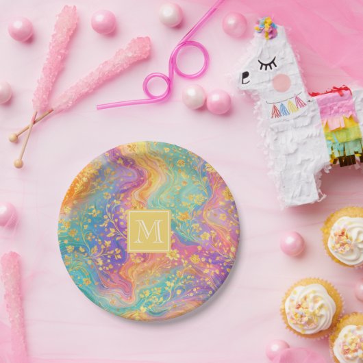 Modern Abstract Glitter Floral Monogram Design Pappteller (Party)