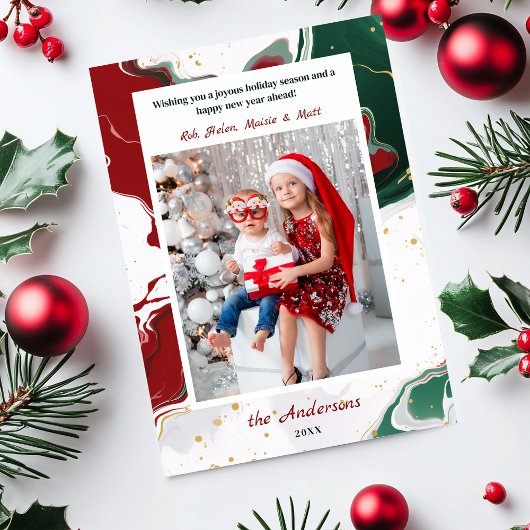 Modern Abstract Green/Red Christmas Photo Feiertagskarte