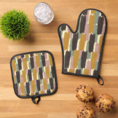 Modern Abstract Painted Stripe Retro Botanical  Ofenhandschuh & Topflappen-Set (Oben Unten)