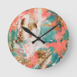 Modern Abstract Painting Coral Teal Gold White Runde Wanduhr