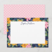 Modern Abstract Pink & Yellow Floral Pattern Name Mitteilungskarte (Vorne/Hinten)