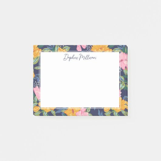 Modern Abstract Pink & Yellow Floral Pattern Name Post-it Klebezettel (Vorderseite)
