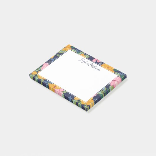 Modern Abstract Pink & Yellow Floral Pattern Name Post-it Klebezettel (angewinkelt)