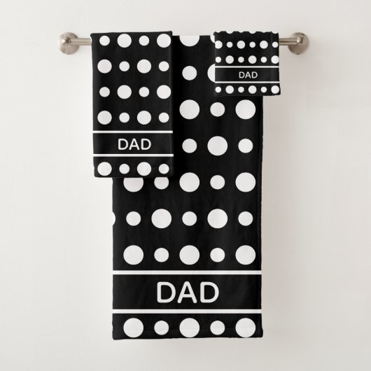 Modern Abstract White Polka Dots & Text on Black Badhandtuch Set (Insitu)