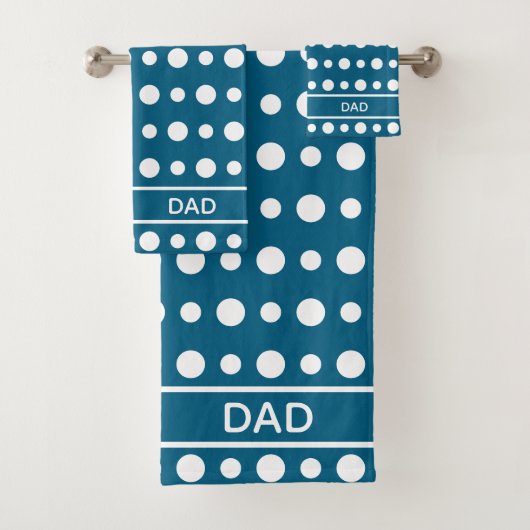 Modern Abstract White Polka Dots & Text on Blue Badhandtuch Set (Insitu)