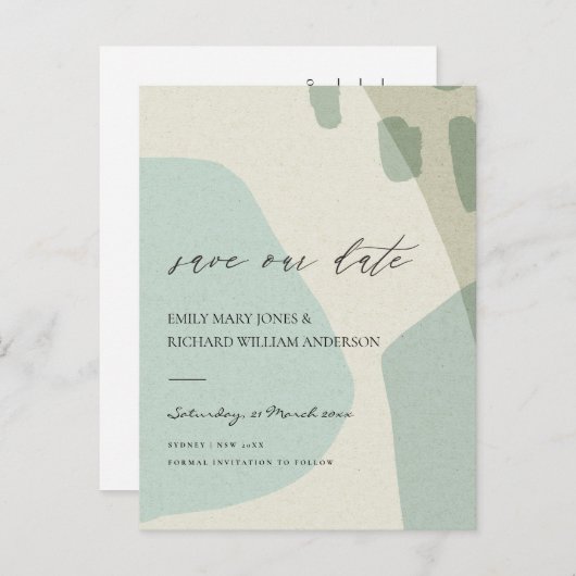 MODERN ABSTRAKT AQUA BLAUE KÜNSTLER SAVE THE DATE ANKÜNDIGUNGSPOSTKARTE (Vorne/Hinten)