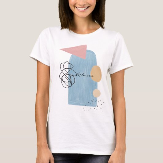 Modern Abstrakt Blush Pink Blue Shapes Monogram T-Shirt (Vorderseite)