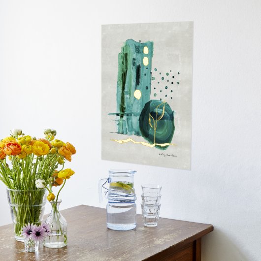 Modern Abstrakt Boho Style Green n Gold Aquarell Foliendrucke (Ablage(Küche))