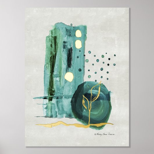 Modern Abstrakt Boho Style Green n Gold Aquarell Foliendrucke (Vorderseite)