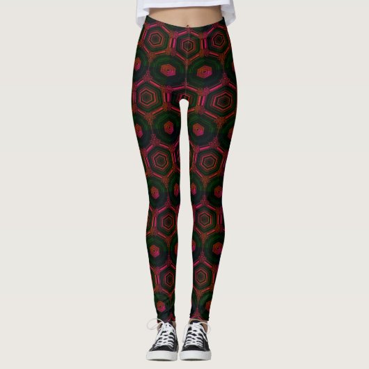 MODERN abstrakt zeichnend in grün-rot-Rose-mosaik Leggings (Vorderseite)